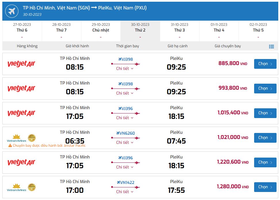 Giá vé máy bay đi từ Từ HCM  Đến Pleiku